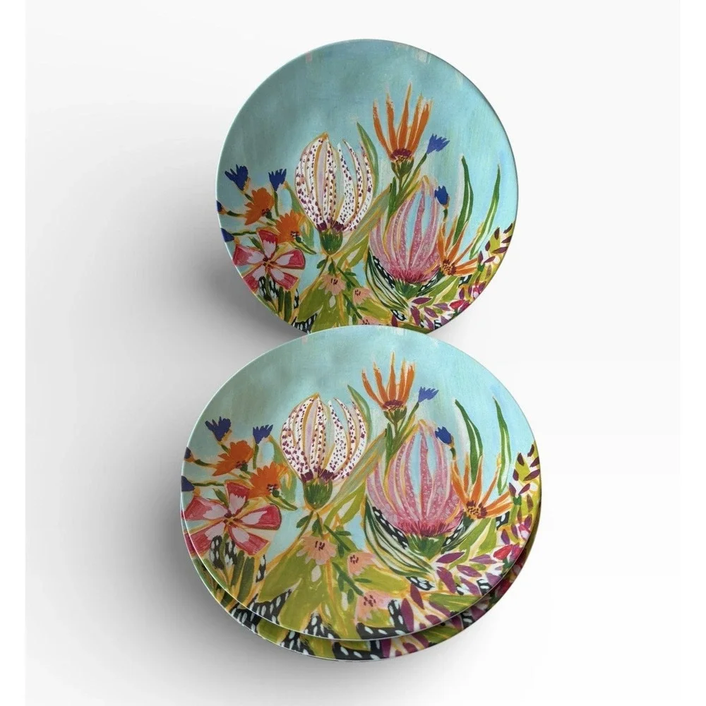 Anthropologie LULIE WALLACE Melamine Dinner Plates Set Of 4 Wild Flowers 10 3/4”